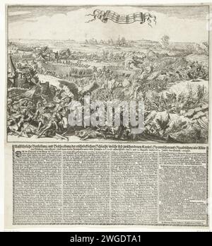 Battaglia di Seneffe, 1674, 1674 stampa Battaglia di Seneffe l'11 luglio 1674 tra le truppe alleate spagnole, Staatse e imperiali da un lato e i francesi sotto il principe di Condé dall'altro. Bloccato sotto la stampa di un foglio con testo in 4 colonne in tedesco. Tipografia: Germanypublisher: Neurenberg paper etching / incisione / letterpress Printing Battle (+ Land Forces) Tendon Foto Stock