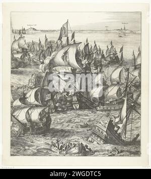 La grande battaglia navale di Duins (tavola 4), 1639, 1640 - 1643 stampa grande rappresentazione della battaglia navale di Duins tra la flotta spagnola al comando di Antonio de Oquendo e la flotta statale al comando di Maarten Harpertsz. Tromp, 21 ottobre 1639. Pagina 4: Combattimenti in mare, centralmente la distruzione della Santa Teresa, in primo piano, l'affondamento di San Francisco che affogava le persone viene tolta dall'acqua. Sullo sfondo la costa inglese di Sandwich. Gruppo non assemblato composto da 7 piastre numerate, strisce nere con il titolo e foglio di testo con la descrizione. Amsterdam paper et Foto Stock