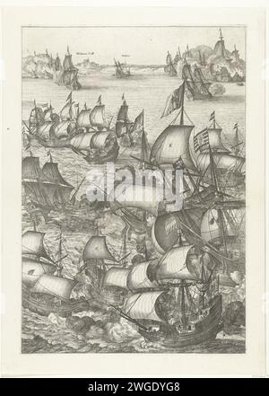 La grande battaglia navale di Duins (tavola 2), 1639, 1640 - 1643 stampa grande rappresentazione della battaglia marittima di Duins tra la flotta spagnola al comando di Antonio de Oquendo e la flotta statale al comando di Maarten Harpertsz. Tromp, 21 ottobre 1639. Pagina 2: Lotta in mare, navi al largo della costa vicino a Walmer sullo sfondo. Gruppo non assemblato composto da 7 piastre numerate, strisce nere con il titolo e foglio di testo con la descrizione. Battaglia di incisione/incisione su carta di Amsterdam (+ forza navale). Battaglia dei Downs Walmer. Duins Foto Stock