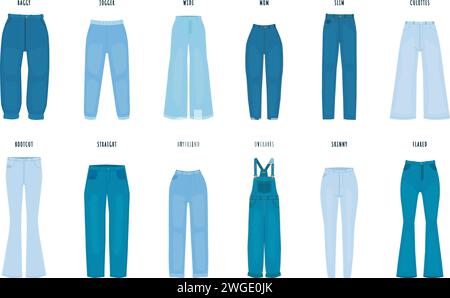 Jeans femminili. Pantaloni in denim eleganti da donna, vari modelli. Magro e fidanzato, mamma e magro jean. Abbigliamento casual da ragazza, set vettoriale aderente Illustrazione Vettoriale