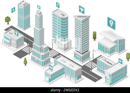 Città intelligente isometrica, sobborgo digitale con Internet gratuito e sistema di navigazione. Tecnologie in città, grattacieli urbani moderni, concetto vettoriale impeccabile Illustrazione Vettoriale