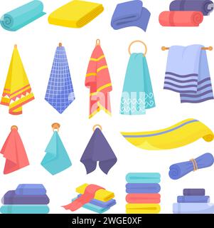 Set di asciugamani per cartoni animati. Icone degli asciugamani, accessori isolati in tessuto per la cucina e il bagno. Tovagliolo e tessuto in pali e rotoli, clipart vettoriale neoterico Illustrazione Vettoriale