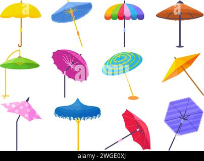 Ombrelloni. Ombrelloni isolati da cartone animato, ombrello con strisce e puntini. Accessori per la protezione solare per esterni, elementi vettoriali neoterici del poggiapiedi Illustrazione Vettoriale