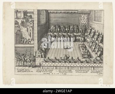 Anne du Bourg difende i protestanti in Parlamento, 1559, 1565 - 1573 stampa Anne du Bourg difende i protestanti in parlamento alla presenza di re Enrico II, 10 giugno 1559. Con didascalia di 10 righe in tedesco. Numero: 1. Blad da un album che è stato smontato. Acquaforte in carta di Colonia Foto Stock