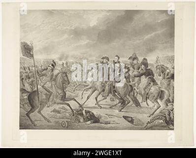 Principe d'Orange nella battaglia di Waterloo, 1815, 1817 stampa il principe d'Orange è ferito durante la battaglia di Waterloo, 18 giugno 1815. Centralmente il principe a cavallo che si afferra la spalla, il suo staff si precipita in soccorso. A sinistra arriva un dragonder con lo standard francese conquistato su cui i nomi Austerlitz, Jena e Wagram. In primo piano a destra un soldato scozzese ferito. Vedere anche il ciondolo. Tipografia: Netherlandsafter painting by: Brussels paper etching / inciaving Battle (+ Land Forces) Waterloo Foto Stock