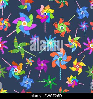 Giocattoli per mulino a vento motivo senza cuciture con mulino a vento rotondo colorato Illustrazione Vettoriale