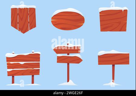 Insegne invernali in legno. Tavole dei cartoni animati ricoperte di neve. Puntatori di Natale. Insegne nevose d'epoca. Modello di gioco testurizzato. Cartelloni in legno congelati Illustrazione Vettoriale
