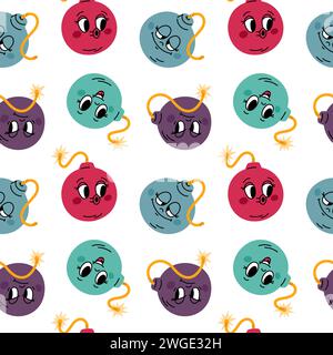 Divertenti bombe da cartoni animati con motivo senza cuciture. Esplosivi ripetuti con stoppini e facce brucianti in stile di animazione retrò. Personaggi dinamite dei cartoni animati. Granata Illustrazione Vettoriale