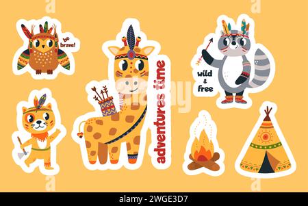 Set di adesivi per animali in stile boho. Mascotte decorative per bambini, animale selvatico con frecce. Divertente gufo, procione e giraffa, clipart vettoriale Illustrazione Vettoriale
