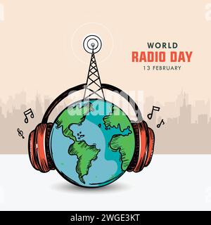 Earth Wearing Headphones, 13 febbraio - giornata Mondiale della radio Concept stile Vintage, linea piatta disegnata a mano, illustrazione vettoriale. Illustrazione Vettoriale