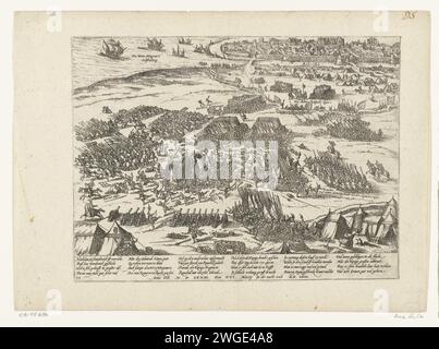 Attacco del re a la Rochelle, 1573, 1573 - 1575 stampa definì l'attacco delle truppe del re alla città di la Rochelle, nella notte del 16 marzo 1573. Vista sul campo di battaglia, in lontananza la città di la Rochelle. Con didascalia di 24 righe in tedesco. Numero: 34. Foglia di un album che è stato smontato. Numerato in alto a destra (in penna): 85. Carta di Colonia incidere battaglia, combattere in generale la Rochelle Foto Stock