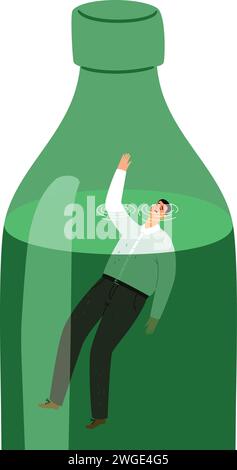Dipendenza da alcol. L'alcolista sta affogando in una bottiglia. Concetto di abuso di alcool illustrazione vettoriale di affogare liquore, dipendenza di bevanda carattere Illustrazione Vettoriale