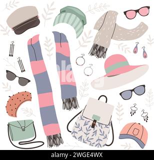 La collezione di accessori per donna comprende borse, cappelli, occhiali. Vettoriale di accessori per occhiali da sole, illustrazione di stile femminile per lo shopping Illustrazione Vettoriale