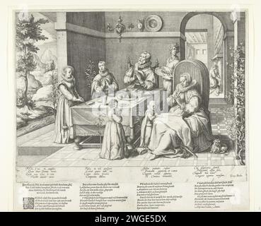 La preghiera per i pasti, 1593 - 1597 stampa in una partenza, una coppia e i loro quattro figli pregano per il pasto sul tavolo. Una pianta cresce dietro ogni bambino. Una cameriera serve un pezzo di carne su un piatto. Sullo sfondo si vede una cameriera vicino a un fuoco. Sotto lo spettacolo una poesia latina in quattro quartine. Al di fuori del bordo della piastra, ma sulla stessa foglia in fondo, è stato stampato anche un testo di salmi olandese in 4 colonne. Incisione cartaria olandese / stampa tipografica (privata) preghiera; "Oratione", "Preghiere", "Preghiere a Dio" (Ripa). pregare a tavola, dire grazia. pasto (famiglia). tabella posata: Foto Stock