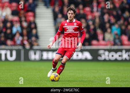 Middlesbrough, Regno Unito. 4 febbraio 2024. Il centrocampista del Middlesbrough Hayden Hackney (7) durante la partita del campionato Skybet EFL del Middlesbrough FC contro Sunderland AFC al Riverside Stadium, Middlesbrough, Inghilterra, Regno Unito il 4 febbraio 2024 Credit: Every Second Media/Alamy Live News Foto Stock