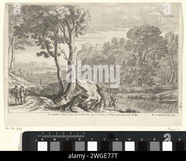 Paesaggio con Vissers, Claude Goyrand, dopo Herman van Swanevelt, stampa 1633 - 1657 ci sono due pescatori sulle rive di un fiume. Alcuni personaggi camminano lungo il sentiero lungo il fiume e sulla destra in lontananza un edificio è su roccia. Carta di Parigi, incisione angolata. "in viaggio", viaggiatore in corso. foce del fiume, estuario. (alta) salita. rocce. alloggi rurali, ad esempio casa di campagna, villa, cottage Foto Stock