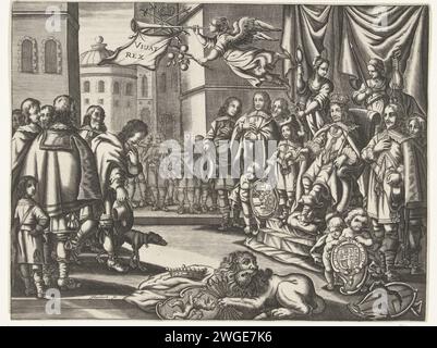 Re Carlo II con il sostegno della Repubblica sul trono d'Inghilterra, 1660, 1660 stampa Carlo II re d'Inghilterra seduto sul trono, 1660. A destra il re sul suo trono circondato da consiglieri, personificazioni di virtù prudenza e giustizia, ai suoi piedi putti con le armi del principe d'Orange e della famiglia reale inglese di Stuart con la cintura e il motto dell'ordine della giarrettiera. A terra l'arma rotta dell'Inghilterra. A terra la Hollandse Leeuw con il Wapen van Holland e il Pijlenbundel. Nell'aria la fama con un ramo arancione che soffia su una t Foto Stock