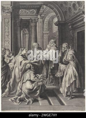 Presentazione nel Tempio, Paolo Ponzio, dopo Pietro Paolo Rubens, 1638 stampa Maria e Giuseppe hanno portato Cristo al tempio. Il sommo sacerdote Simeon tiene il bambino tra le sue braccia. Joseph si inginocchia per loro e tiene alcuni piccioni. Gli Hanna Prophetes guardano al culto. Incisione di carta di Anversa presentazione del Cristo bambino nel tempio, di solito Simeone (e Anna) presente (Luca 2:22-39) Foto Stock