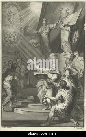 Aaron e Mosè velato presentano gli Israeliti le tabelle della legge, Gilliam van der Gouwen, dopo Ottmar Elliger, 1670 - 1740 stampa su un piedistallo il sommo sacerdote Aaron e il velato Mosè. Intorno a loro il popolo ebraico. Mosè mostra agli Israeliti le tavole della legge. Sullo sfondo il Tetragramma e una rappresentazione dell'Ascensione di Cristo Amsterdam carta incisione Mosè copre il suo volto con un velo. Mosè scende con le nuove tavolette ed è atteso da Aronne e dalle persone riunite, che notano che "il suo volto splende" (il volto di Mosè è raffigurato con raggi di luce o con corna Foto Stock