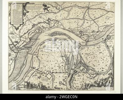 Mappa con assedio e conquista di Schenckenschans da parte di Frederik Hendrik, 1635-1636, 1636 stampa Mappa dell'assedio e della presa di Schenckenschans, situata sulla spartizione di Rijn e Waal, da parte dell'esercito di Stato al comando di Frederik Hendrik, 1635-1636. In alto a sinistra il titolo e la legenda 1-25. In basso a destra soldati e un pescatore con due canne e un passante. Nella parte inferiore del primo piano sono presenti diverse figure. Mappe cartacee di Amsterdam per l'incisione di diversi paesi o regioni. Assedio, posizione di guerra Schenkhans Foto Stock