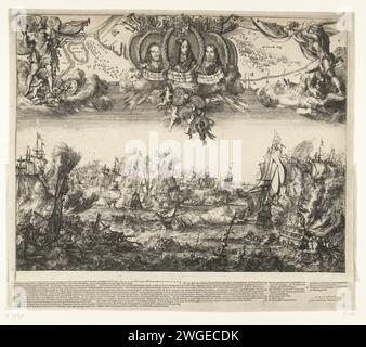 Le due battaglie navali a Schoonevelt, 1673, 1673, stampano le due navi al largo della costa della Zelanda nella pianura di Schoonevelt il 7 giugno e il 14 giugno 1673. Grande rappresentazione dei colpi tra la flotta della Repubblica al comando di De Ruyter e la flotta combinata inglese-francese al comando del principe Rupert e di Graaf Jean d'Estrées. In cima ai medaglioni con ritratti di Willem III, Michiel de Ruyter e Cornelis Tromp. Inoltre, piccole scene con il viaggio a Chatham nel 1667 e la battaglia di Solebay nel 1672. Con la presente, figure allegoriche dei militanti del trasporto marittimo e di Ercole. Nella stampa di un foglio di testo W Foto Stock