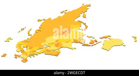Mappa politica isometrica dell'Eurasia e dell'Australia. Mappa colorata vuota su sfondo bianco. Illustrazione vettoriale 3D. Illustrazione Vettoriale