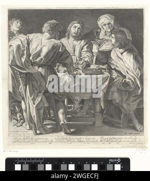 Pasto a Emmaus, Willem Isaacsz. Van Swanenburg, dopo Peter Paul Rubens, 1611 stampa Cristo siede a tavola con i suoi studenti. Benedice e rompe il pane, facendo sì che i suoi studenti lo riconoscano. A destra una donna dà un bicchiere di vino e c'è un cane sotto il tavolo. Sotto la rappresentazione c'è un testo latino a sei righe con una descrizione della scena e un elogio a Rubens, in cui è paragonato ad Apelles. Tipografia: Leidenpublisher: Amsterdam (forse) carta che incide la cena a Emmaus: Cristo è riconosciuto mentre benedice o spezza il pane. Verdure (con NOME). (famil Foto Stock