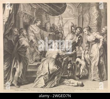 Oorme van Solomon, Boetius Adamsz. Bolswert, dopo Peter Paul Rubens, stampa 1590 - 1633 Solomon raccomanda ad un soldato di uccidere il bambino vivente, la vera madre del bambino reagisce scioccata e cerca di fermare il soldato. Questa stampa fa parte di un album. L'incisione di carta Salomone dà il verdetto; ordina a un soldato di dividere il bambino vivente in due Foto Stock