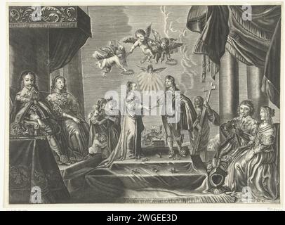 Matrimonio del principe Guglielmo II e Maria Stuart, 1641, 1649 - 1651 stampa il matrimonio del principe Guglielmo II e della principessa Maria Stuart, 2 maggio 1641. A sinistra i genitori della sposa: Il re inglese Carlo i e sua moglie Enrichetta Maria. A destra i genitori dello sposo: Frederik Hendrik e Amalia van Solms. Sullo sfondo figure allegoriche di amore e speranza (a sinistra) e fede (a destra) e leone olandese nel giardino olandese. Sopra la coppia il piccione dello Spirito Santo e i putti con corone di alloro. Contrassegnato di seguito: Seconda parte: Fol: 87. Matrimonio con incisione cartacea dei Paesi Bassi del Nord, mar Foto Stock