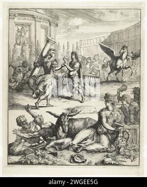 Trionfo di re Guglielmo III, 1697, 1697 stampa Allegoria sul regime di re Guglielmo III, probabilmente in connessione con la pace di Rijswijk conclusa il 20 settembre 1697 tra la Francia e gli Alleati. Ercole conduce Guglielmo III al Tempio d'Onore. Sulla destra Apollo, Pegasus e le Muse sul Parnaso. In primo piano, un asino con una donna con attributi riprovevoli sigilli temporali: Bere, fare musica, giocare d'azzardo, giocare e amare. Con due pigri in fuga e una donna con i capelli serpenti (discordia o invidia). Incisione/incisione della carta nei Paesi Bassi settentrionali trionfi simbolici di individi Foto Stock