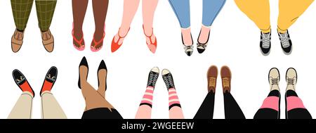 Scarpe per gambe con vista dall'alto. Cartoni animati gambe maschili e femminili in calzature moderne di vario tipo, décolleté, mocassini, stivali e scarpe da ginnastica, uomo e donna Illustrazione Vettoriale
