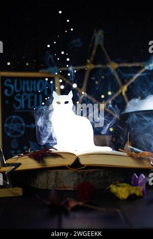 Figura gatto brillante e brillante, che si innalza da un libro in una natura morta magica con una lavagna e un calderone. Stregoneria, patronus. Verticale. Foto Stock