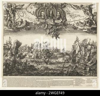 Le due battaglie navali a Schoonevelt, 1673, 1673, stampano le due navi al largo della costa della Zelanda nella pianura di Schoonevelt il 7 giugno e il 14 giugno 1673. Grande rappresentazione dei colpi tra la flotta della Repubblica al comando di De Ruyter e la flotta combinata inglese-francese al comando del principe Rupert e di Graaf Jean d'Estrées. In cima ai medaglioni con ritratti di Willem III, Michiel de Ruyter e Cornelis Tromp. Inoltre, piccole scene con il viaggio a Chatham nel 1667 e la battaglia di Solebay nel 1672. Con la presente, figure allegoriche dei militanti del trasporto marittimo e di Ercole. Nella stampa di un foglio di testo W Foto Stock