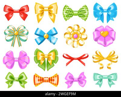 Set di fiocchi omaggio. Nastri decorativi colorati per regali, festeggiamenti natalizi, confezioni per feste, diversi nodi, san valentino, compleanno e. Illustrazione Vettoriale