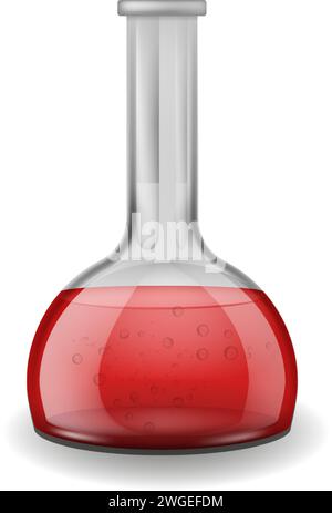 Vetreria chimica da laboratorio. Liquido rosso nel pallone di vetro. Apparecchiature da laboratorio, strumenti di chimica scientifica. Contenitore o provetta per analisi. Flacone graduato Illustrazione Vettoriale