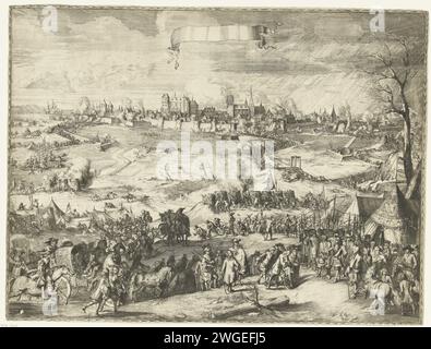 Assedio e conquista di Wismar da parte dell'esercito danese, 1675, Romeyn de Hooghe, 1675 - 1676 stampa assedio e conquista di Wismar da parte dell'esercito danese, dal 17 ottobre al 18 novembre 1675. In primo piano, a destra la ricezione dei rapporti della Svezia da parte del re Cristiano V di Danimarca. Sullo sfondo l'attacco danese a Wismar. Nel bel mezzo dello spettacolo una banderole vuota carta olandese incide la cattura della città (dopo l'assedio). Assedio, posizione guerra Wismar Foto Stock