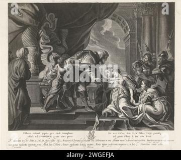 Ester per Ahasveros, Richard Collin, dopo Peter Paul Rubens, 1650 - c. 1690 stampa Ester collassa per il trono di re Ahasveros. Deve essere sostenuta da due servitori. Re Ahasveros la raggiunge. Sotto il ritratto un verso latino e un'arma episcopale. Carta di Anversa incisione Ester davanti ad Assuero (Ester 5:1-4) Foto Stock