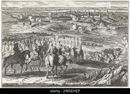 Assedio di Gand da parte dei francesi, 1678, 1678 assedio della città di Gand da parte dell'esercito francese sotto il re Luigi XIV La città fu presa il 9 marzo 1678. In primo piano il re in cavalli tra il suo bastone, in lontananza Gand. Incisione/incisione della carta dei Paesi Bassi del Nord Vittoria, posizione era Gand Foto Stock