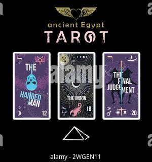 Tarocchi dell'antico Egitto. T-shirt con tre carte di tarocchi egiziani su sfondo nero. Cuore alato Illustrazione Vettoriale