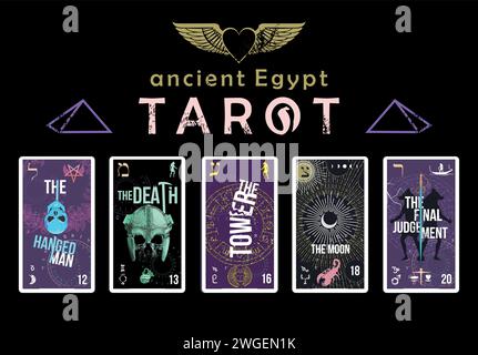 Crea una t-shirt con cinque carte di tarocchi egiziani. L'uomo impiccato, la morte, la torre, la luna e il giudizio finale. Illustrazione Vettoriale