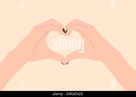 Mani che danno forma al cuore con le dita su sfondo beige. Gesto di piacere, mostrando supporto e fiducia. Espressione di una relazione romantica. Illustrazione Vettoriale