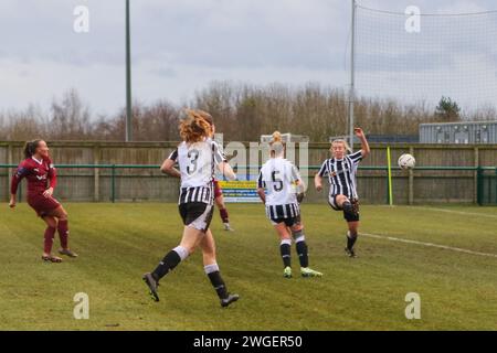 Hucknall, Regno Unito, 4°. Febbraio 2024: Kimberley Farrow del Northampton Town tira e segna il secondo gol del Northampton Towns contro il Notts County nella Women National League Div 1 Midlands. Crediti: Clive Stapleton/Alamy Live News Foto Stock