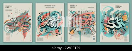 Poster in stile grunge di Street art astratto con graffiti a spruzzo di lettere schizzi di vernice e macchie d'inchiostro. Set e raccolta di copertine moderne.Banner Illustrazione Vettoriale