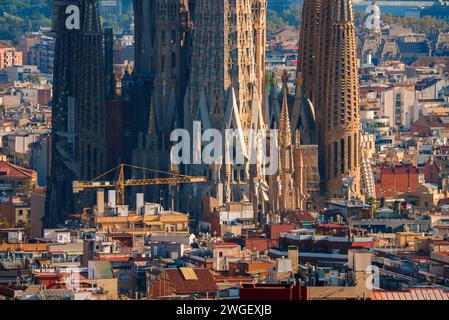 Vivi la Sagrada Familia accanto allo skyline di Barcellona durante l'ora d'oro. Foto Stock