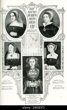 Qui sono mostrate le sei mogli del re d'Inghilterra Enrico VIII Sono da sinistra (in alto in basso): Catherine Parr [pittura nella National Gallery di Londra], Catherine d'Aragon [pittura nella National Portrait Gallery di Londra]; centro (in alto, in basso): Anne Boleyn: Schizzo di Hans Holbein nel Castello di Windsor, Anne of Cleve [pittura di Hans Holbein nel Louvre di Parigi]; a destra (in alto, in basso): Catherine Howard [pittura nella National Gallery di Londra], Jane Seymour [pittura di Hans Holbein nel Royal Museum di Praga. Foto Stock