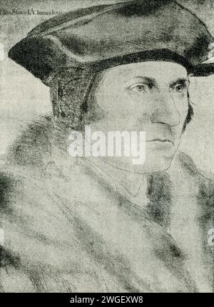 Questo dipinto di Thomas Moore è stato fatto da Hans Hokbein ed è ospitato nel Castello di Windsor in Inghilterra. Sir Thomas More era un avvocato inglese, giudice, filosofo sociale, autore, statista, e noto umanista rinascimentale. Servì anche Enrico VIII come Lord Gran Cancelliere d'Inghilterra dall'ottobre 1529 al maggio 1532. Hans Holbein il giovane (morto nel 1543) è stato un pittore e incisore tedesco-svizzero che ha lavorato in uno stile rinascimentale settentrionale ed è considerato uno dei più grandi ritrattisti del XVI secolo. Foto Stock