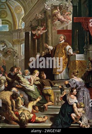 Questo dipinto di Peter Paul Rubens (1577-1640) mostra Ignazio Loyola guarire coloro che sono ossessionati. È spesso intitolato: Miracoli di Sant'Ignazio di Loyola. Era appeso in Belgio sull'altare maggiore della Chiesa gesuita di Anversa. Ignazio di Loyola era un sacerdote e teologo cattolico spagnolo, che, con sei compagni. Fondò l'ordine religioso della compagnia di Gesù e divenne il suo primo superiore generale a Parigi nel 1541. Peter Paul Rubens (– 1640) è stato un artista e diplomatico fiammingo. È considerato l'artista più influente della tradizione barocca fiamminga. Rubens e' un'azienda altamente carica Foto Stock