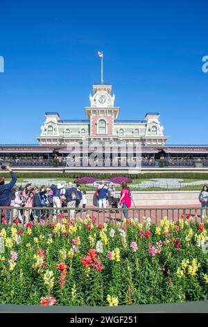 Ingresso a Magic Kingdom, Walt Disney World Resort, Bay Lake, Orange County, Orlando, Florida, Stati Uniti d'America Foto Stock