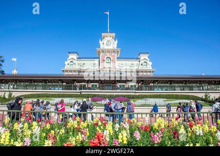 Ingresso a Magic Kingdom, Walt Disney World Resort, Bay Lake, Orange County, Orlando, Florida, Stati Uniti d'America Foto Stock