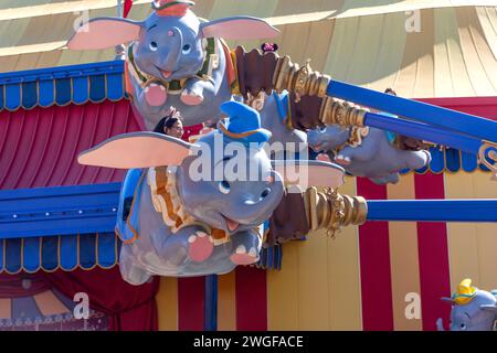 Dumbo The Flying Elelephant, Fantasyland, Magic Kingdom, Walt Disney World Resort, Orange County, Orlando, Florida, Stati Uniti d'America Foto Stock